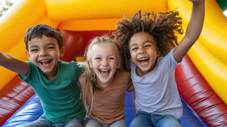 Children enjoying a bouncy castle at a Labor Day fair.の素材