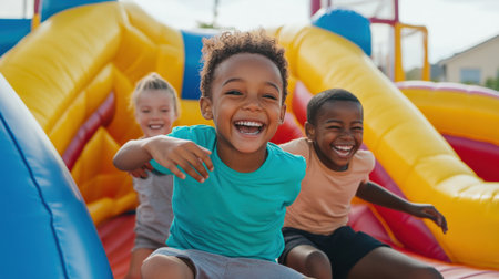 Children enjoying a bouncy castle at a Labor Day fair.の素材