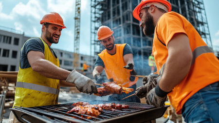 Workers celebrating with a barbecue at a construction site.の素材