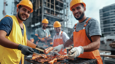 Workers celebrating with a barbecue at a construction site.の素材