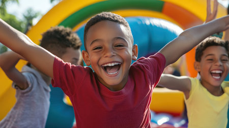 Children enjoying a bouncy castle at a Labor Day fair.の素材