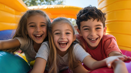Children enjoying a bouncy castle at a Labor Day fair.の素材