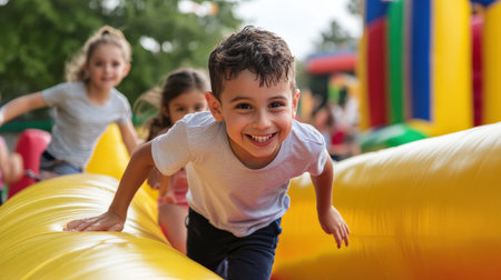 Children enjoying a bouncy castle at a Labor Day fair.の素材