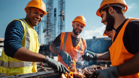 Workers celebrating with a barbecue at a construction site.の素材
