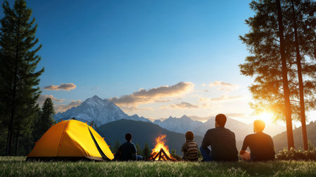Family camping in a national park with tents and campfire.の素材