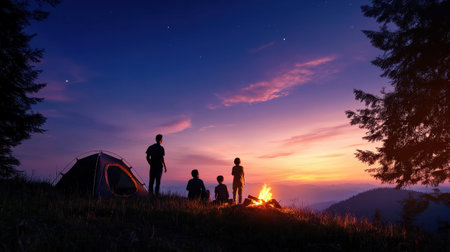 Family camping in a national park with tents and campfire.の素材