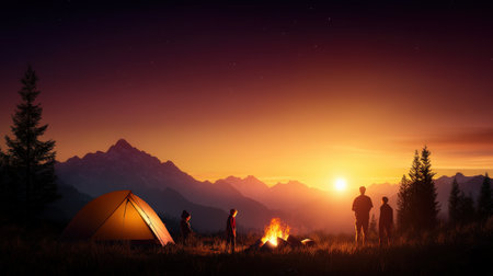 Family camping in a national park with tents and campfire.の素材