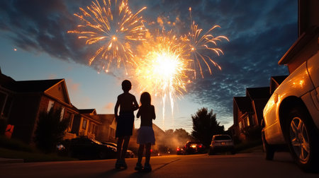 Labor Day fireworks lighting up the night sky.の素材