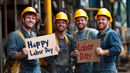 Workers holding "Happy Labor Day" signs in front of a factory.の素材
