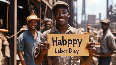 Workers holding "Happy Labor Day" signs in front of a factory.の素材