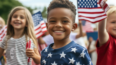 Children waving American flags at a Labor Day parade.の素材