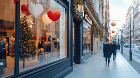 Labor Day sale signs in storefront windows with festive decorations.の素材