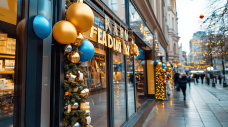 Labor Day sale signs in storefront windows with festive decorations.の素材