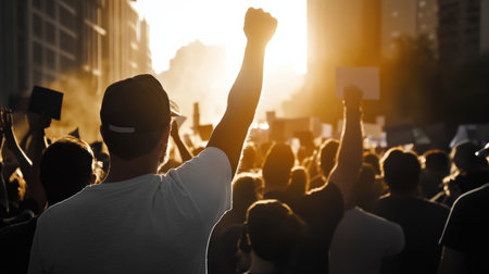 Labor union members giving speeches at a rally on Labor Day.の素材