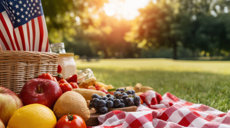 Picnic setup in a park with American flags and Labor Day decorations.の素材