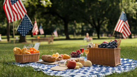 Picnic setup in a park with American flags and Labor Day decorations.の素材