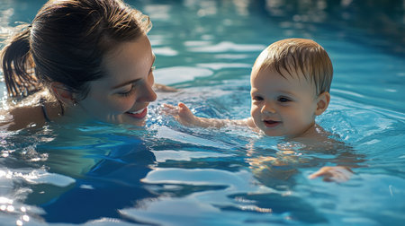 Mother and baby in swimming pool. Happy family. Mother and baby swim in pool.の素材