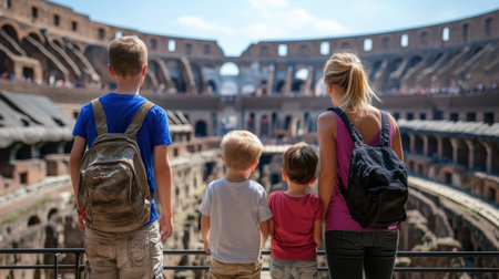 Parents and kids exploring the Colosseum in Rome.の素材