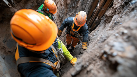 Miners wearing safety gear descending into a mine shaft.の素材
