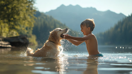boy and dog splashing water at each other in a playful fight. By the lake with high mountains survival training, Learn to swim, baby care conceptの素材