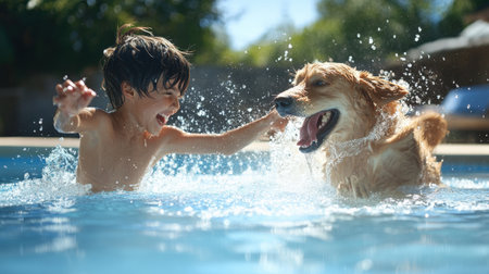 boy and dog splashing water at each other in a playful fight. a pool survival training, Learn to swim, baby care conceptの素材