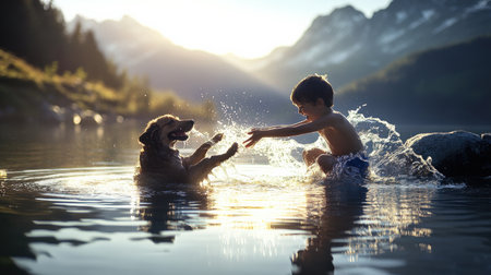 boy and dog splashing water at each other in a playful fight. By the lake with high mountains survival training, Learn to swim, baby care conceptの素材