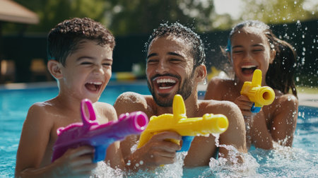 Parents and kids having fun with water guns in the pool. survival training, Learn to swim, baby care conceptの素材