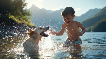 boy and dog splashing water at each other in a playful fight. By the lake with high mountains survival training, Learn to swim, baby care conceptの素材