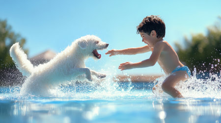 boy and dog splashing water at each other in a playful fight. a pool survival training, Learn to swim, baby care conceptの素材