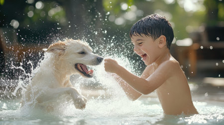 boy and dog splashing water at each other in a playful fight. a pool survival training, Learn to swim, baby care conceptの素材
