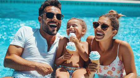 Family enjoying ice cream by the pool on a sunny day.の素材