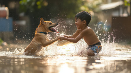 boy and dog splashing water at each other in a playful fight. a pool survival training, Learn to swim, baby care conceptの素材