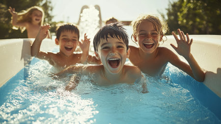 Kids going down a pool slide with excitement. survival training, Learn to swim, baby care conceptの素材