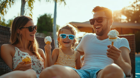 Family enjoying ice cream by the pool on a sunny day.の素材
