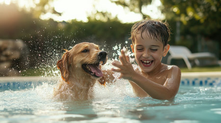 boy and dog splashing water at each other in a playful fight. a pool survival training, Learn to swim, baby care conceptの素材