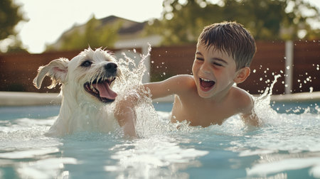 boy and dog splashing water at each other in a playful fight. a pool survival training, Learn to swim, baby care conceptの素材