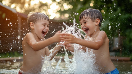 Siblings splashing water at each other in a playful fight.の素材