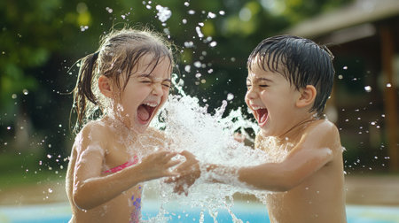 Siblings splashing water at each other in a playful fight.の素材