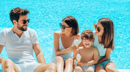 Family enjoying ice cream by the pool on a sunny day.の素材