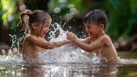Siblings splashing water at each other in a playful fight.の素材