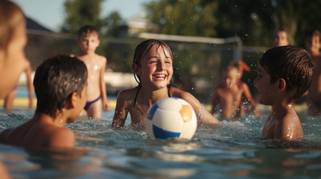 Parents and children playing a game of water volleyball.の素材
