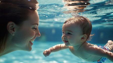 Mother teaching her toddler to swim in the shallow end. survival training, Learn to swim, baby care conceptの素材