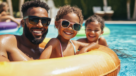 Family relaxing on pool floats with sunglasses and smiles.の素材
