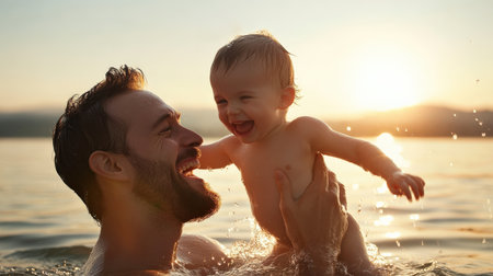 Father lifting his child out of the water with joy. survival training, Learn to swim, baby care conceptの素材