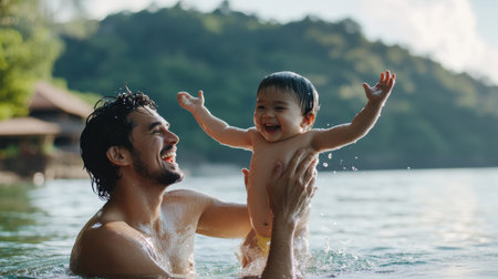Father lifting his child out of the water with joy. survival training, Learn to swim, baby care conceptの素材