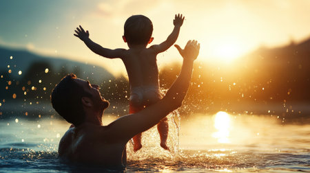 Father lifting his child out of the water with joy. survival training, Learn to swim, baby care conceptの素材