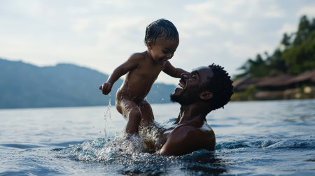 Father lifting his child out of the water with joy. survival training, Learn to swim, baby care conceptの素材