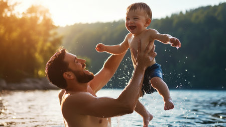 Father lifting his child out of the water with joy. survival training, Learn to swim, baby care conceptの素材