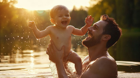 Father lifting his child out of the water with joy. survival training, Learn to swim, baby care conceptの素材