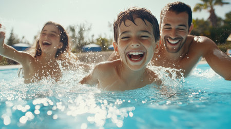 Family splashing in the pool with big smiles and laughter.の素材